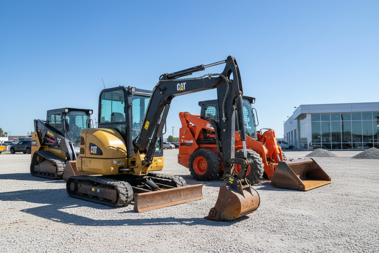 MINI EXCAVATORS, MINI LOADERS AND SKID STEERS (ALL USED) IN A NICE ARRANGEMENT
