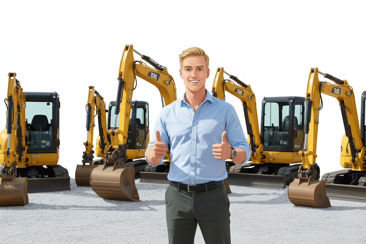 MINI EXCAVATORS AND A BLONDE GUY SKINNY ISH WITH A BUTTON UP SHIRT AND PANTS GIVING A THUMBS UP 